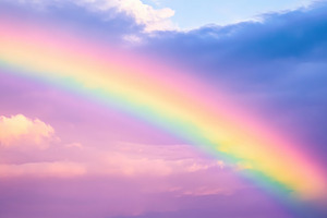 Vibrant rainbow arches across a pastel sunset sky after a refreshing rain showe, a Photo by AlyaAnd