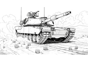 Tank Driving in the Desert Coloring, a Transportation Illustration by LadadikArt