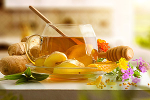 Healthy living with ginger and honey infusion on kitchen bench, a Food & Drink Photo by Davizro's Market