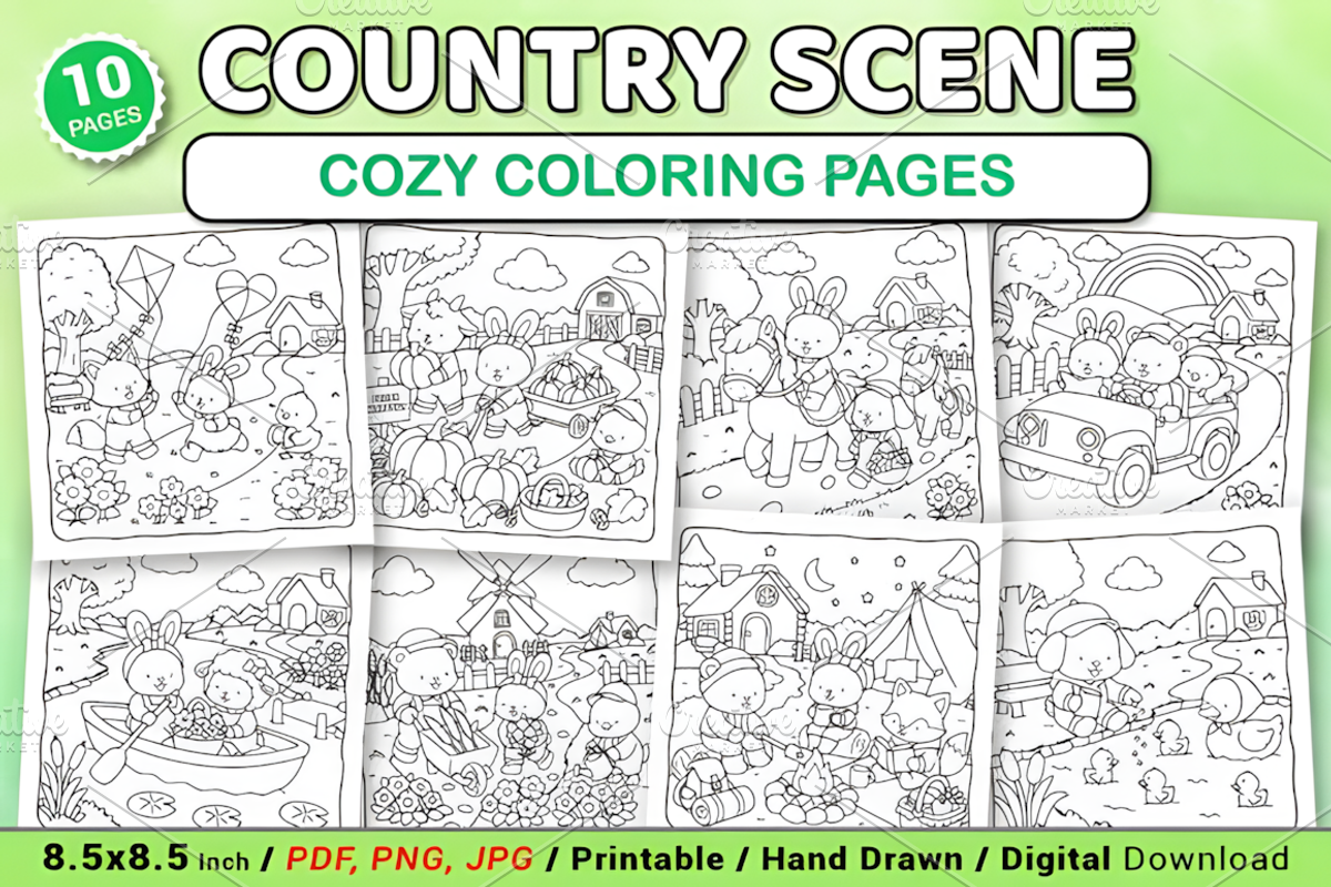 Country Scene Cozy Coloring Pages, a Decorative Illustration by Coco Bloom (Photo 1 of 4)