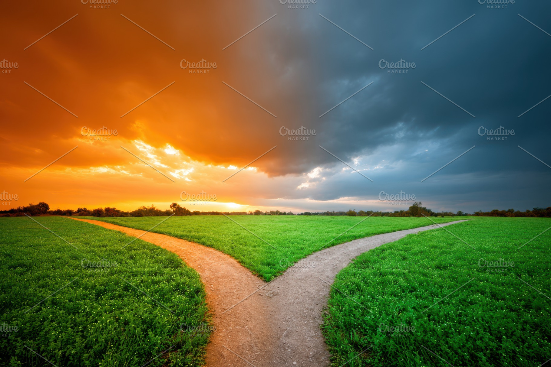 Split path at dramatic sunset, a Wallpaper Photo by AlyaAnd
