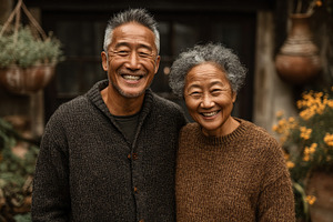 Smiling senior Asian couple outdoors embracing warmth and happiness in a cozy g, a Photo by AS photostudio