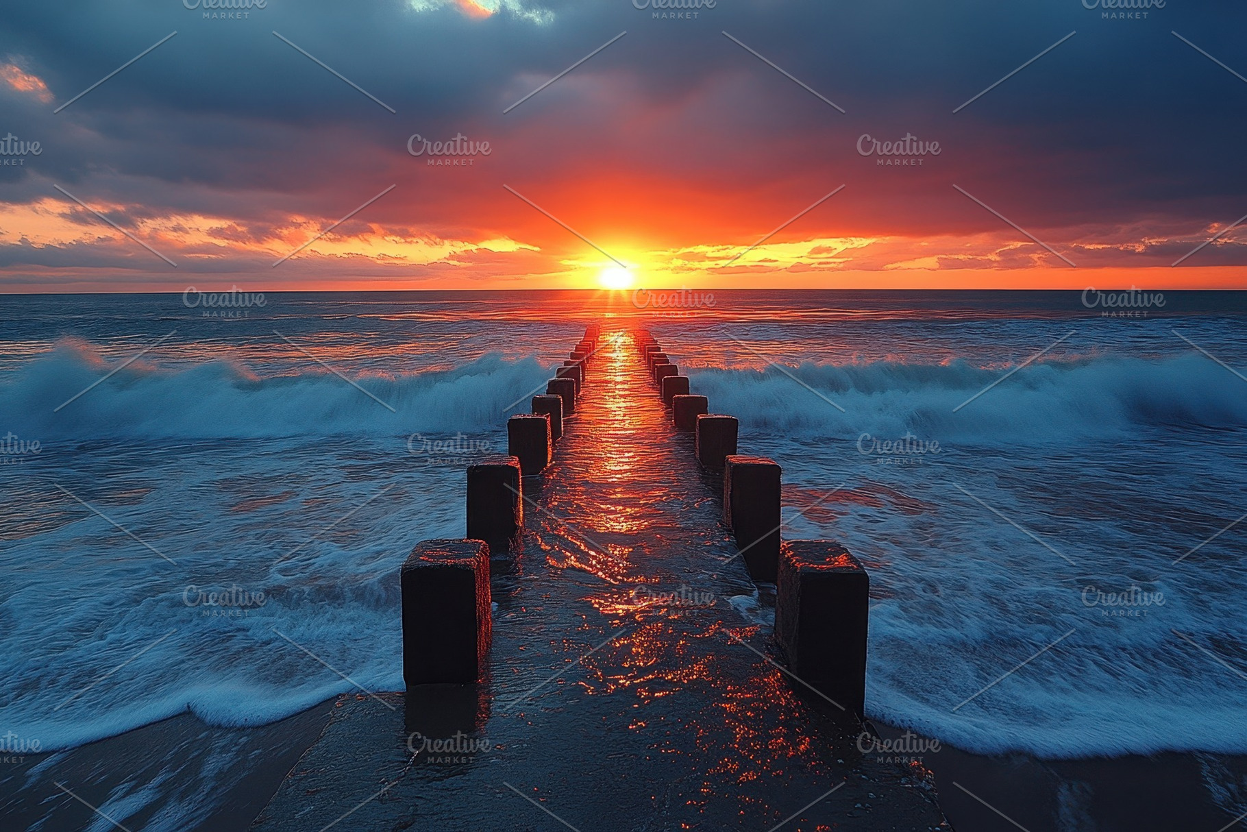 Beautiful sunset over the ocean with, a Photo by Tanuart
