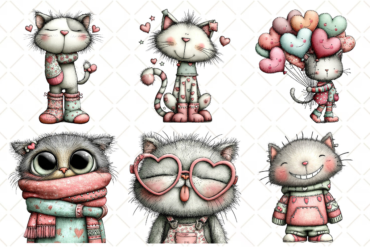 Quirky Valentine Cat Clipart Bundle, an Illustration by Black Bird Studio (Photo 3 of 6)