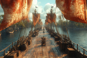 Majestic wooden pirate ship sailing, a Photo by Tanuart
