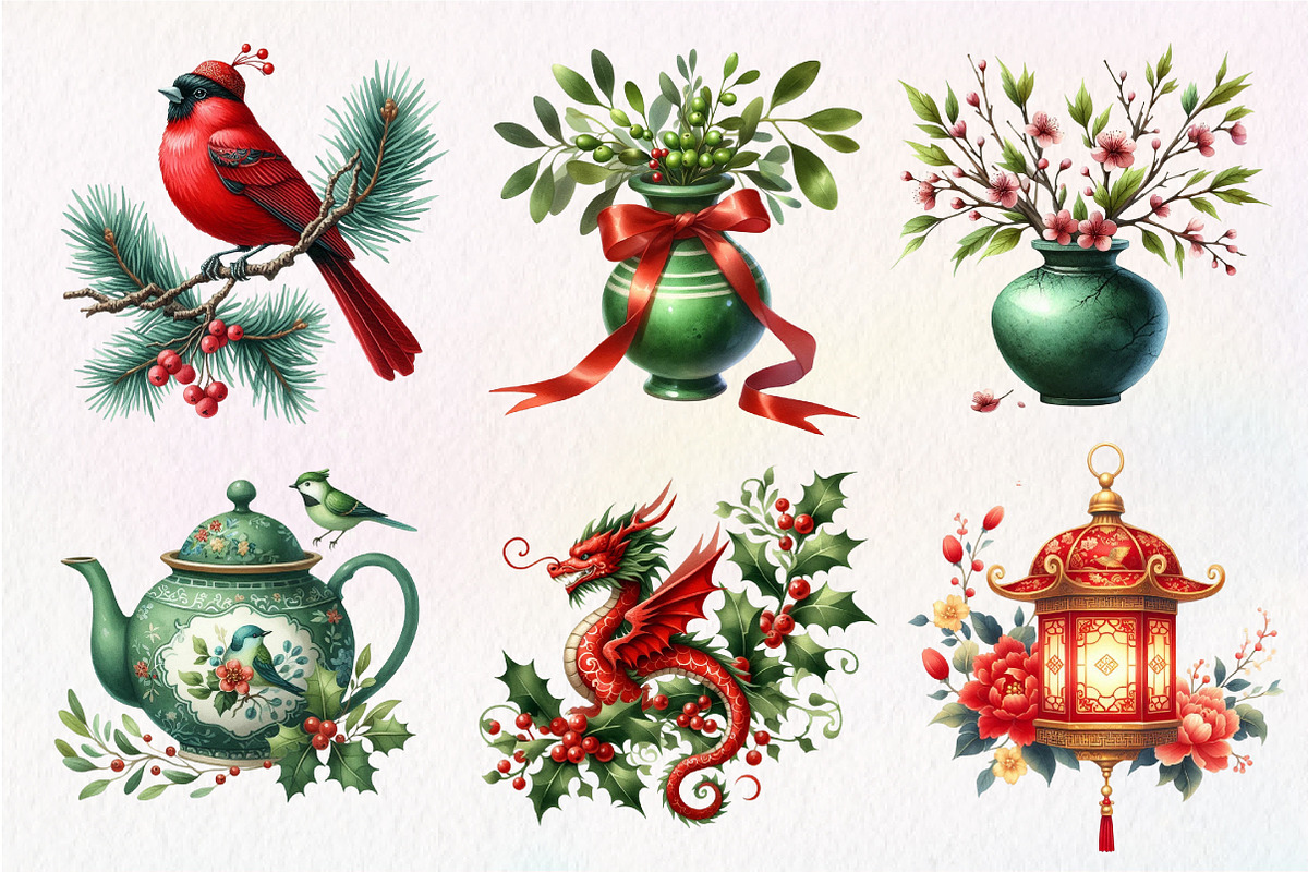 Chinoiserie Red & Green Christmas, an Illustration by Dream Creation (Photo 6 of 6)