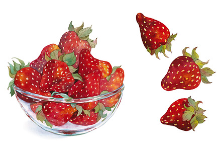 Watercolor strawberry in glass bowl