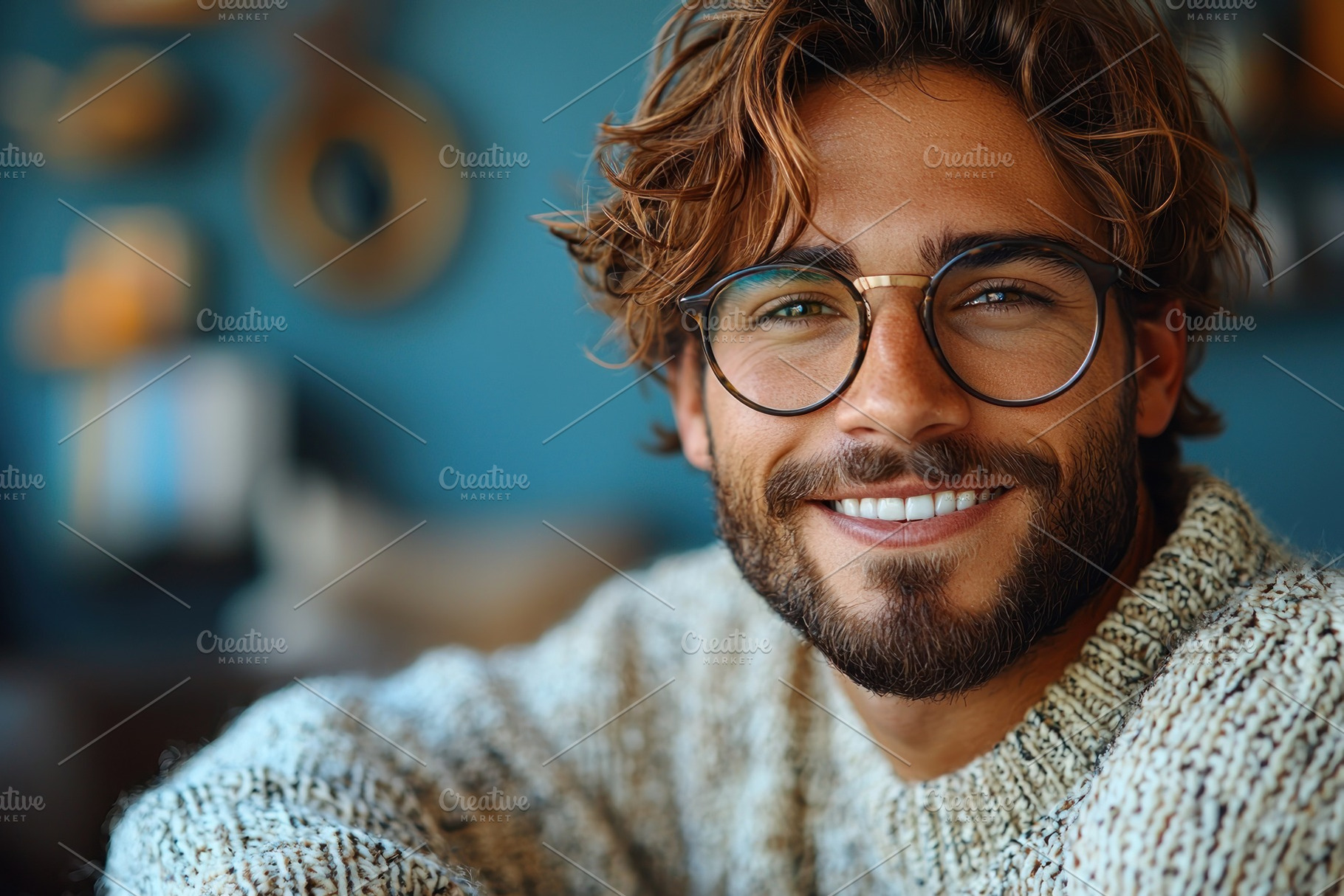 Smiling young man with wavy hair and glasses wearing cozy knit s, a Person Photo by José Manuel Gelpi