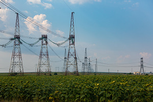 Rows of high voltage power lines stretch across a green agricultural field unde, a Technology Photo by Ales Munt