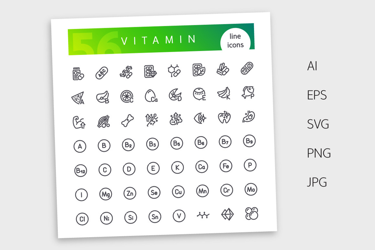 Vitamin Line Icons Set, an Outline Icon by Voysla's Shop (Photo 4 of 4)