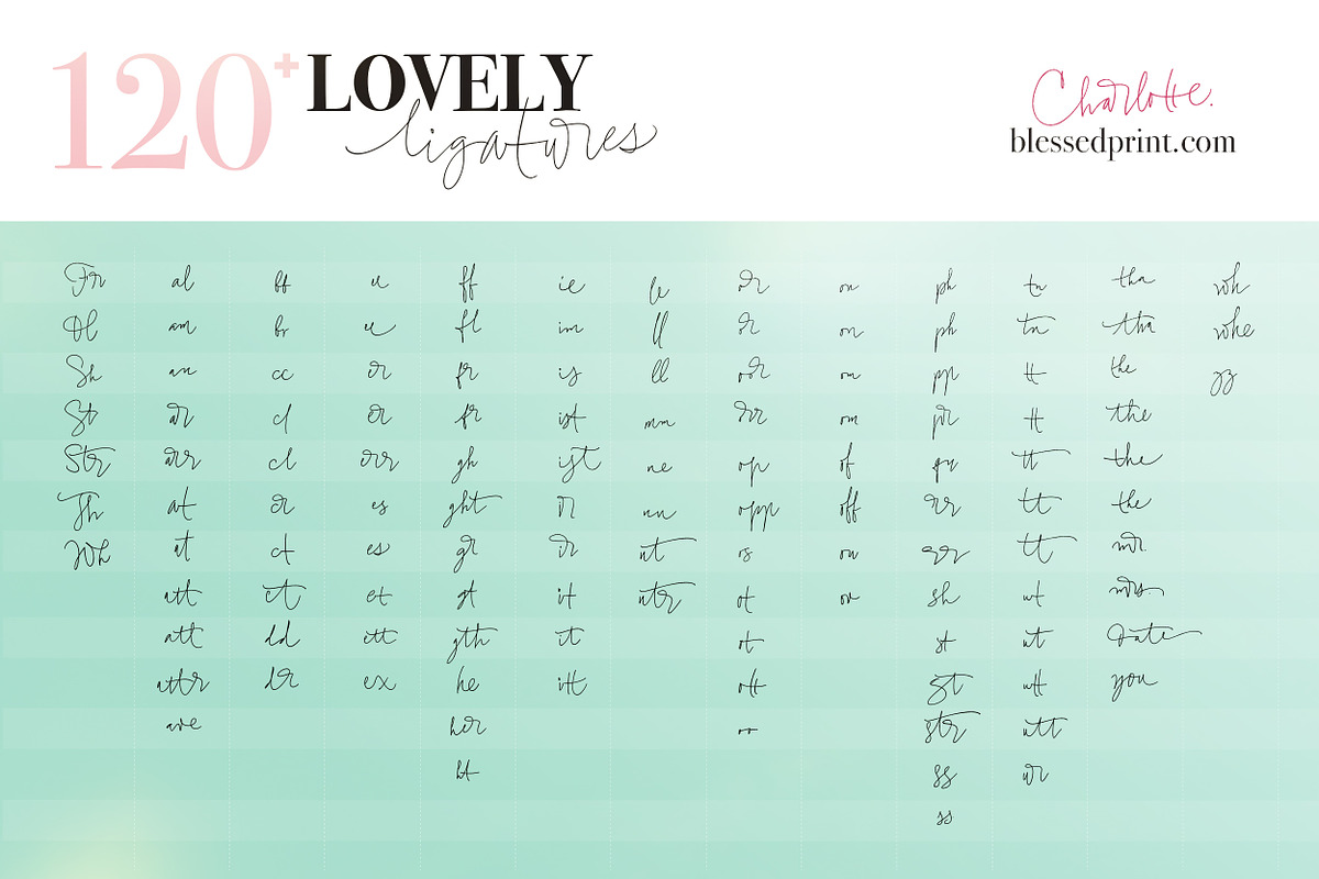 Charlotte Script with 120 ligatures, a Script Font by Blessed Print (Photo 11 of 19)