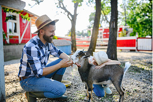 Portrait of farmer petting goat at, a Person Photo by HalfPoint