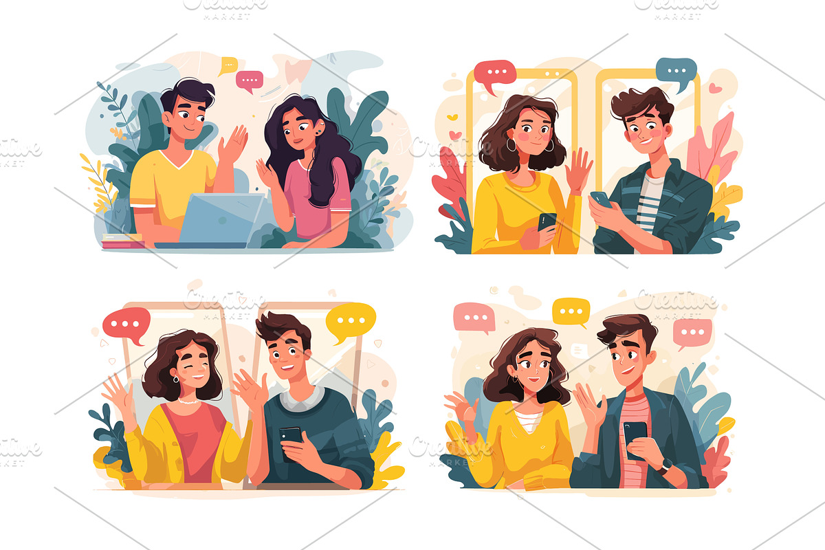 Young people couple chatting cartoon, a Technology Illustration by Onyx