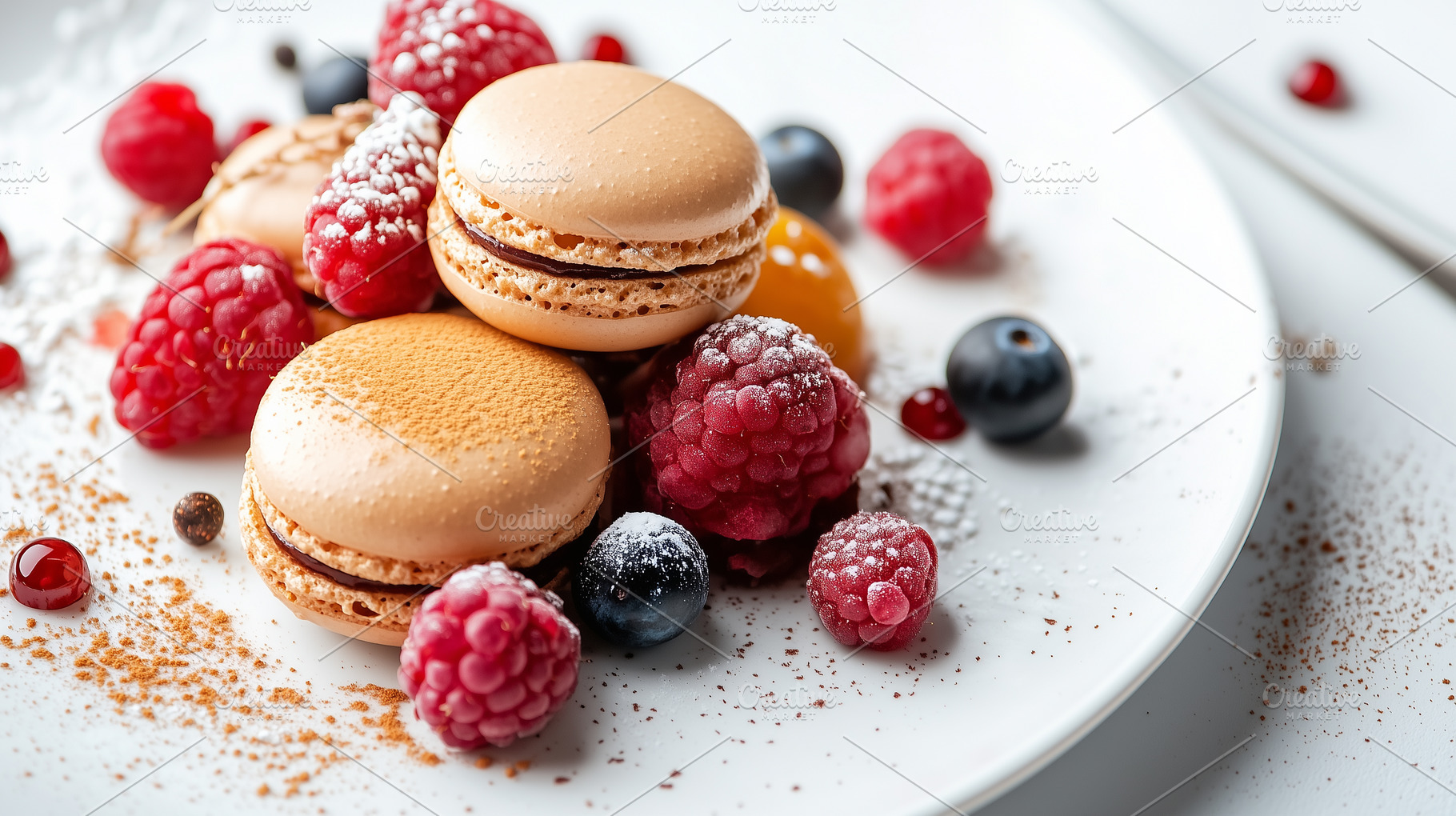Beige macaroons with fresh raspberry, a Food & Drink Photo by MistyDay