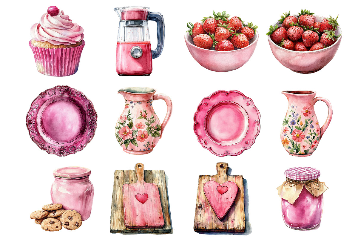 Pink Kitchen Clipart Coquette Kitche, an Illustration by Watercolor design (Photo 2 of 10)
