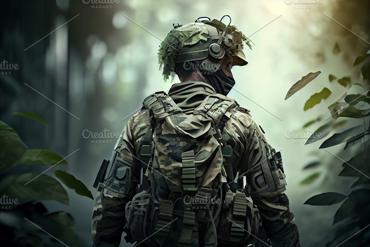 Fully equipped soldier in camouflage uniform rear, an Illustration by Olyryk & Aglo
