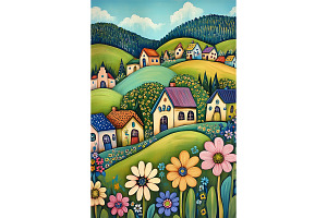 Peaceful Cottages and Hills Poster, a Decorative Illustration by Art Paradise Studios