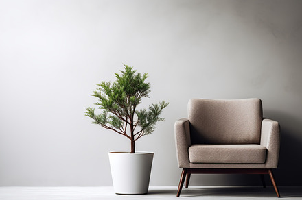 Potted green conifer tree and comfortable beige armchair and in, an Architecture Photo by Studio Light & Shade