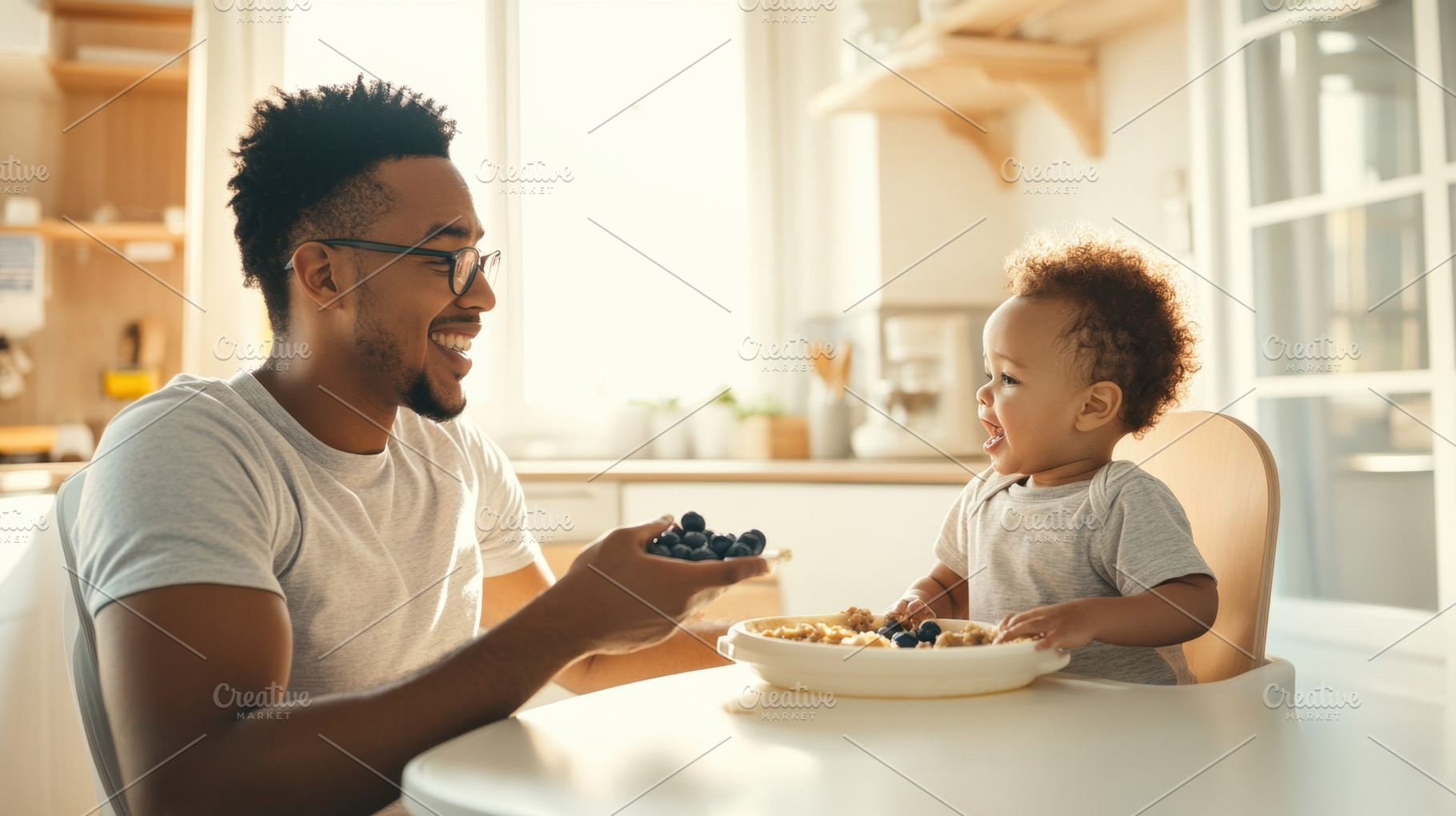 Dad and child have breakfast, a Photo by Beautiful things