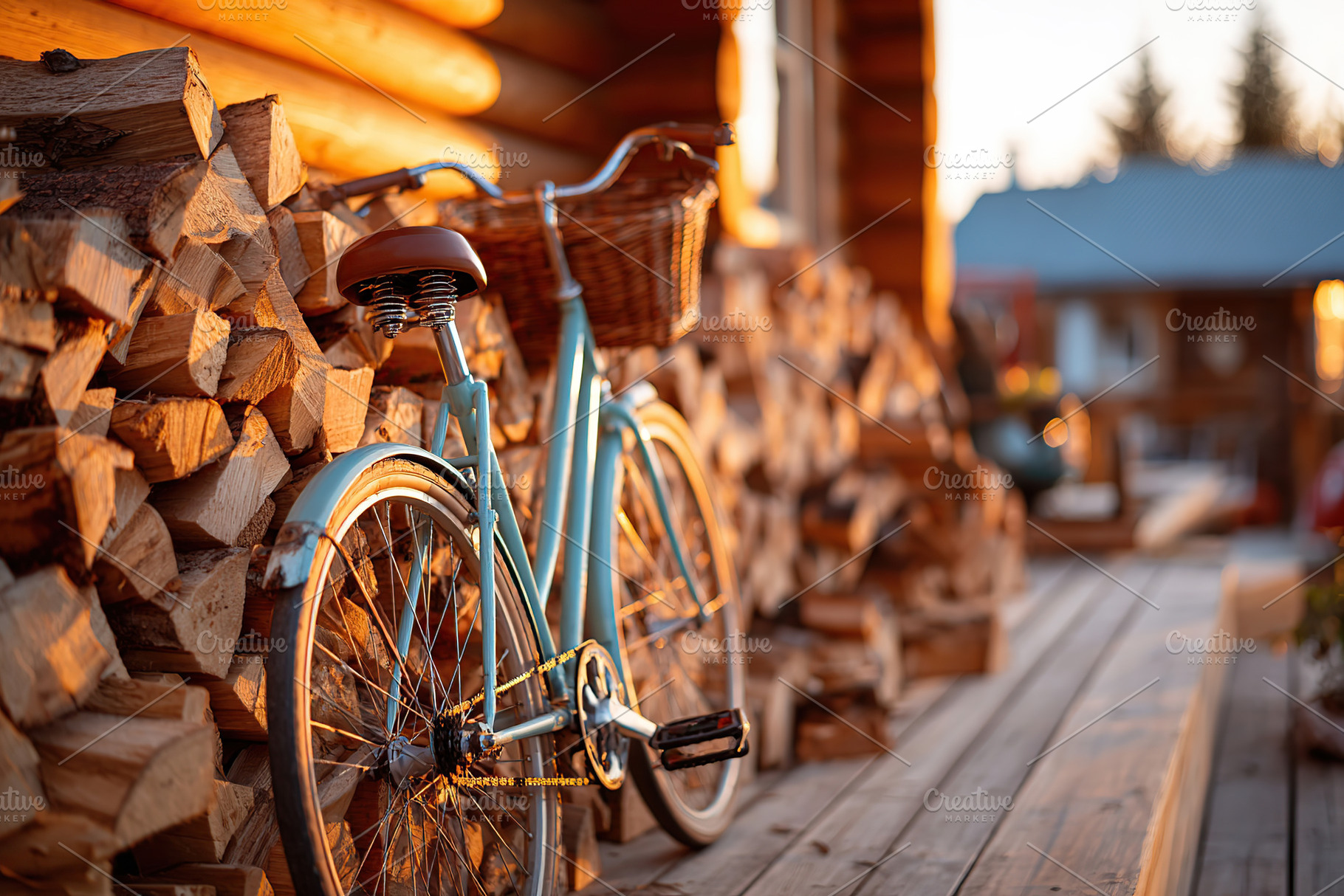 Bicycle resting against a woodpile on a sunny evening near a cozy cabin setting, a Photo by AlyaAnd