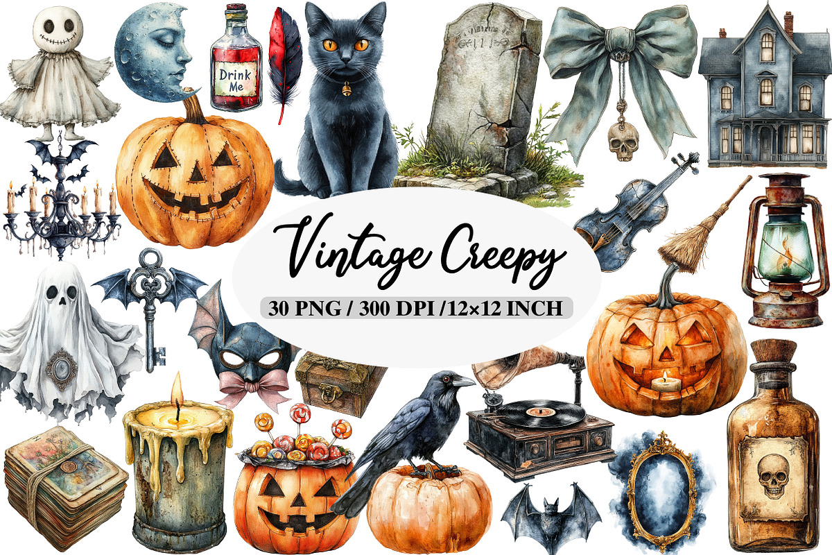 Vintage Creepy Halloween Clipart, an Illustration by Daily.Designs (Photo 1 of 5)