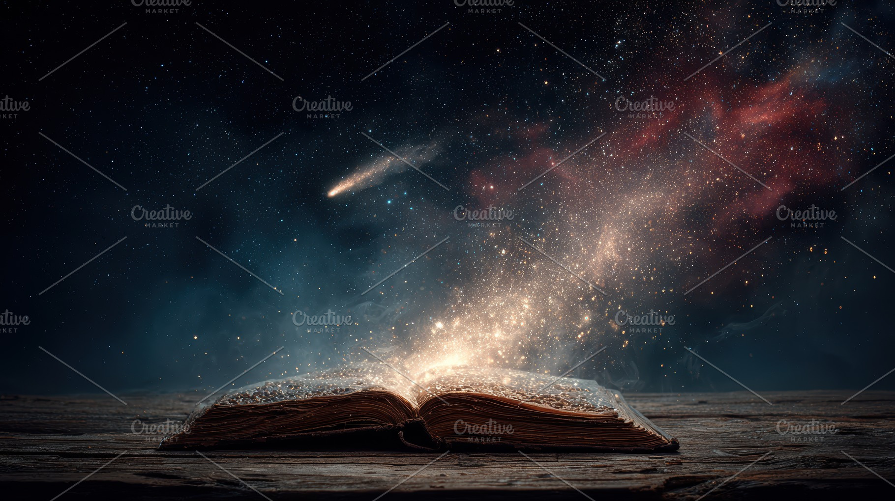 Magical Book Open Under Starry Night, a Photo by Pixeness Studio