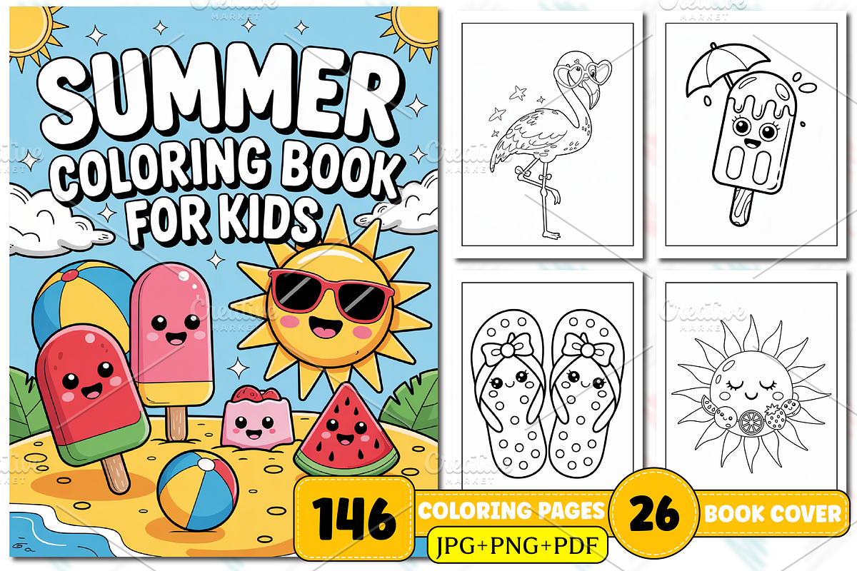 Cute Summer Coloring Pages For Kids, a Seasonal Illustration by Design Station (Photo 1 of 5)