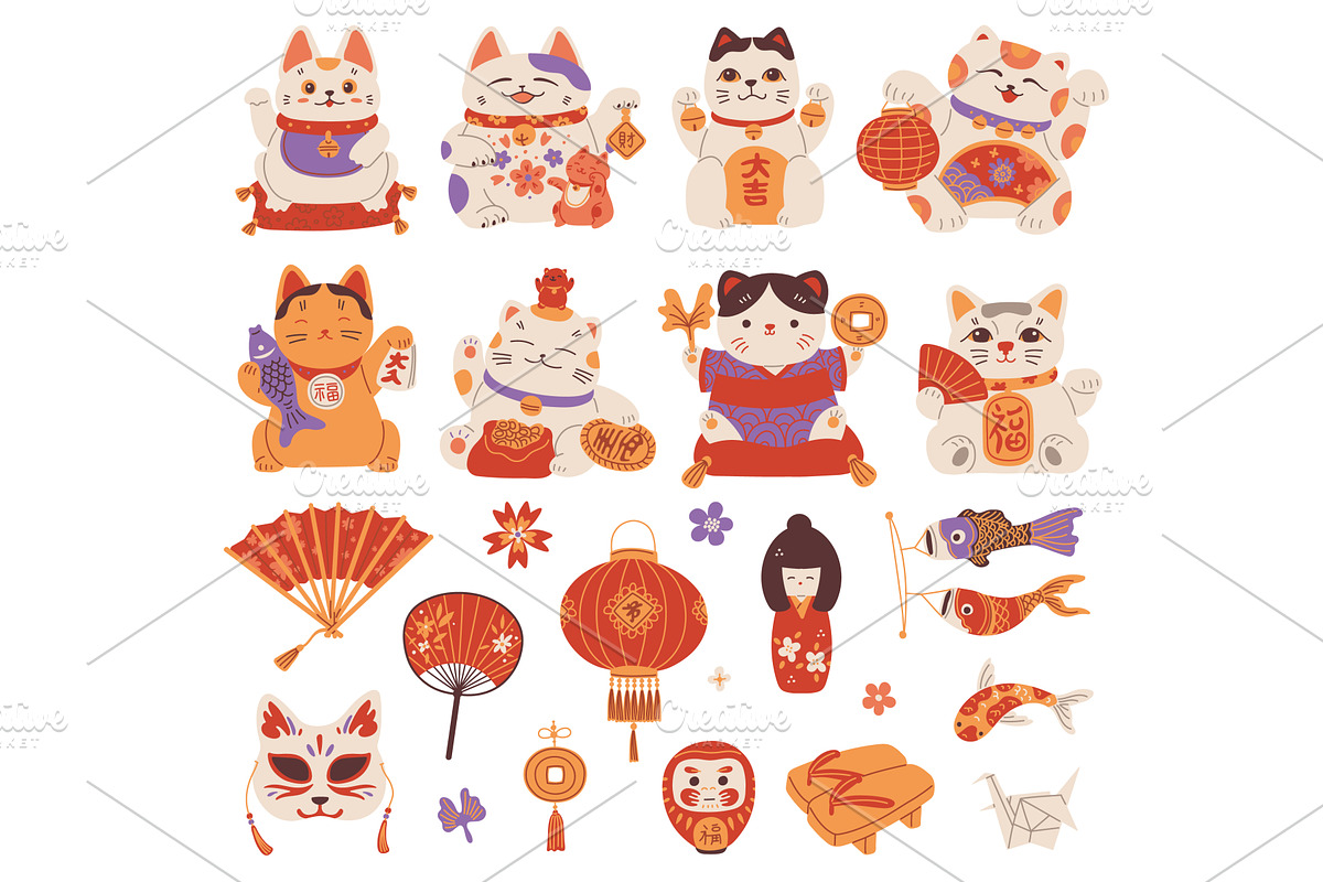 Japanese Maneki Neko figurines, an Animal Illustration by Sabelskaya