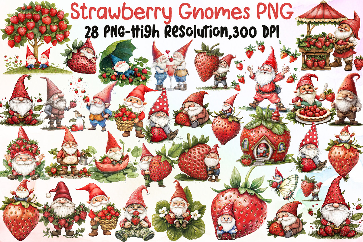 Watercolor Strawberry Gnomes Clipart, an Illustration by Sublimation Artist (Photo 1 of 6)