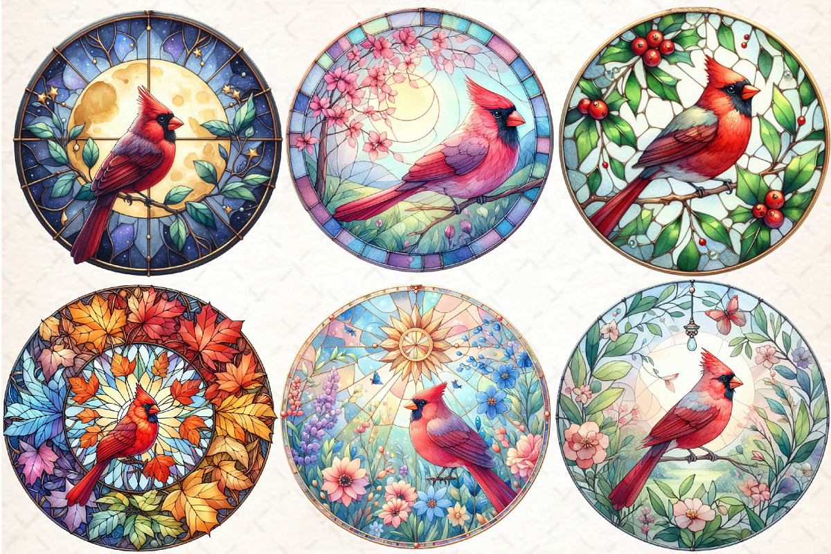 Round Cardinal Stained Glass Clipart, an Illustration by DreamCafeArt (Photo 2 of 5)
