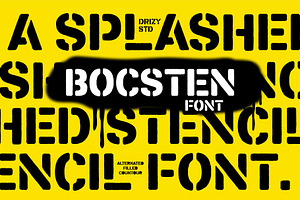 Bocsten – Splashed Stencil Font, a Sans Serif Font by Drizy