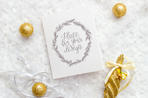 Christmas Mockup. Card, golden balls