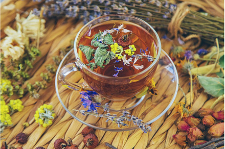 Herbal tea with medicinal herbs and, a Food & Drink Photo by yanadjana
