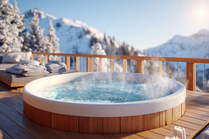 Serene hot tub with mountain view in winter, a Holiday Photo by AlyaAnd