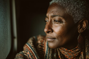 Senior woman portrait looking thoughtfully out of a window, introspective matur, a Photo by AS photostudio