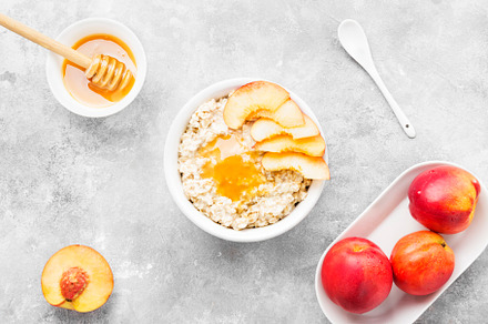 Oatmeal with nectarine and honey stock photo containing healthy and food, a Food & Drink Photo by matucha