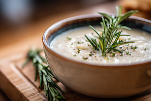 Creamy white bean soup garnished, a Food & Drink Photo by MistyDay