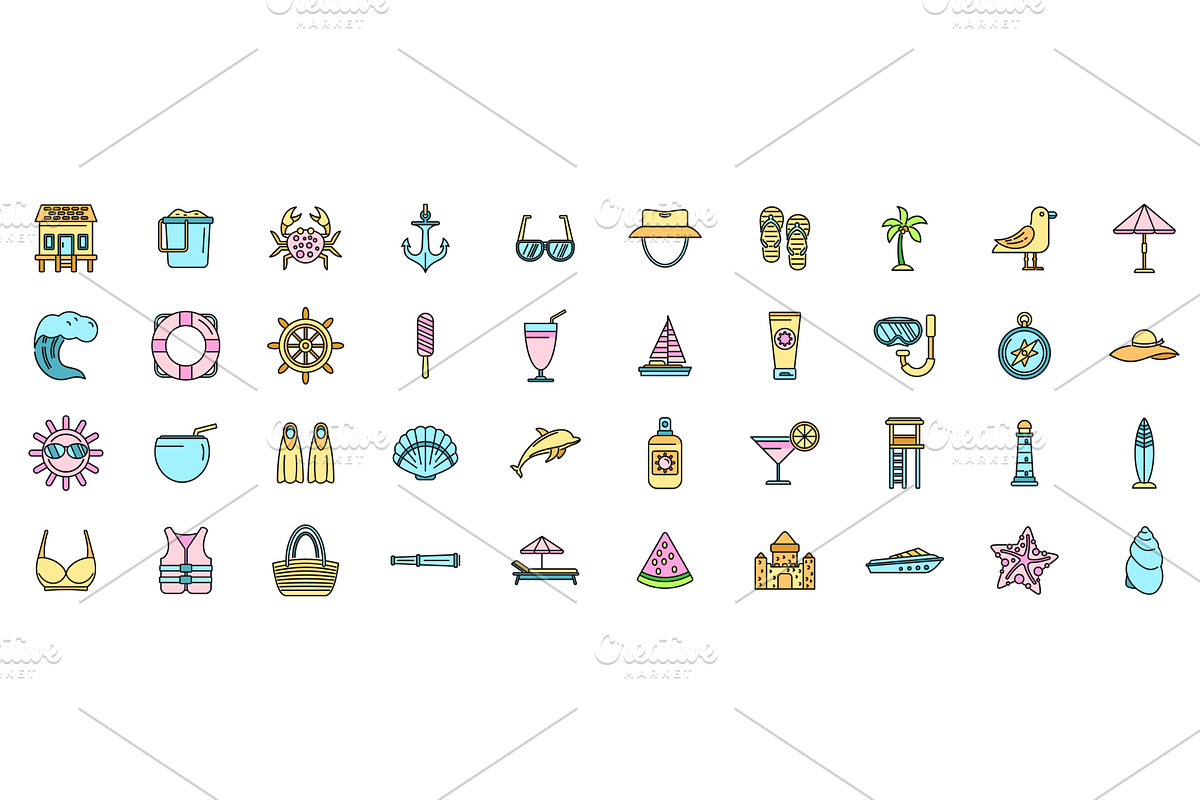 Seaside icons set vector color line, an Object Illustration by Ylivdesign