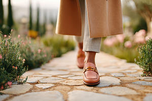Walking through a garden path in a long beige coat and stylish leather shoes, a Photo by AlyaAnd