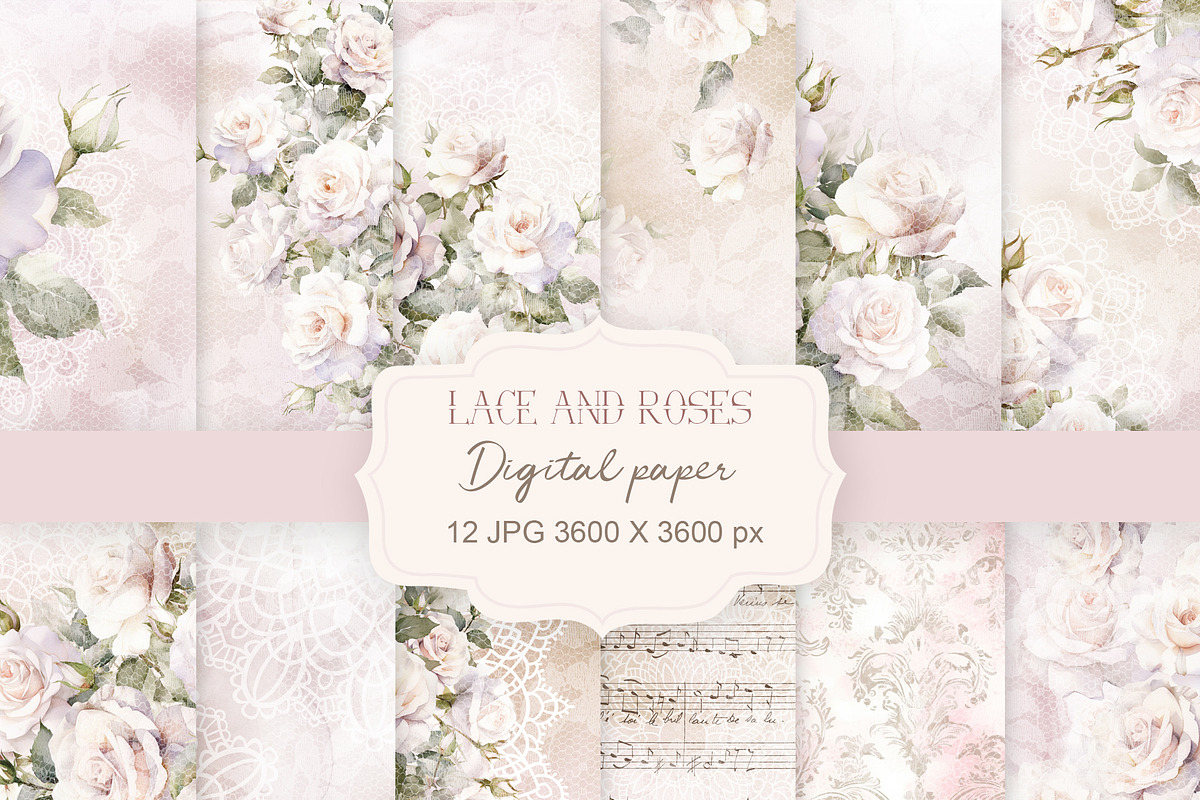 Lace and roses Digital Paper, a Background Graphic by Colibri Watercolor (Photo 1 of 5)