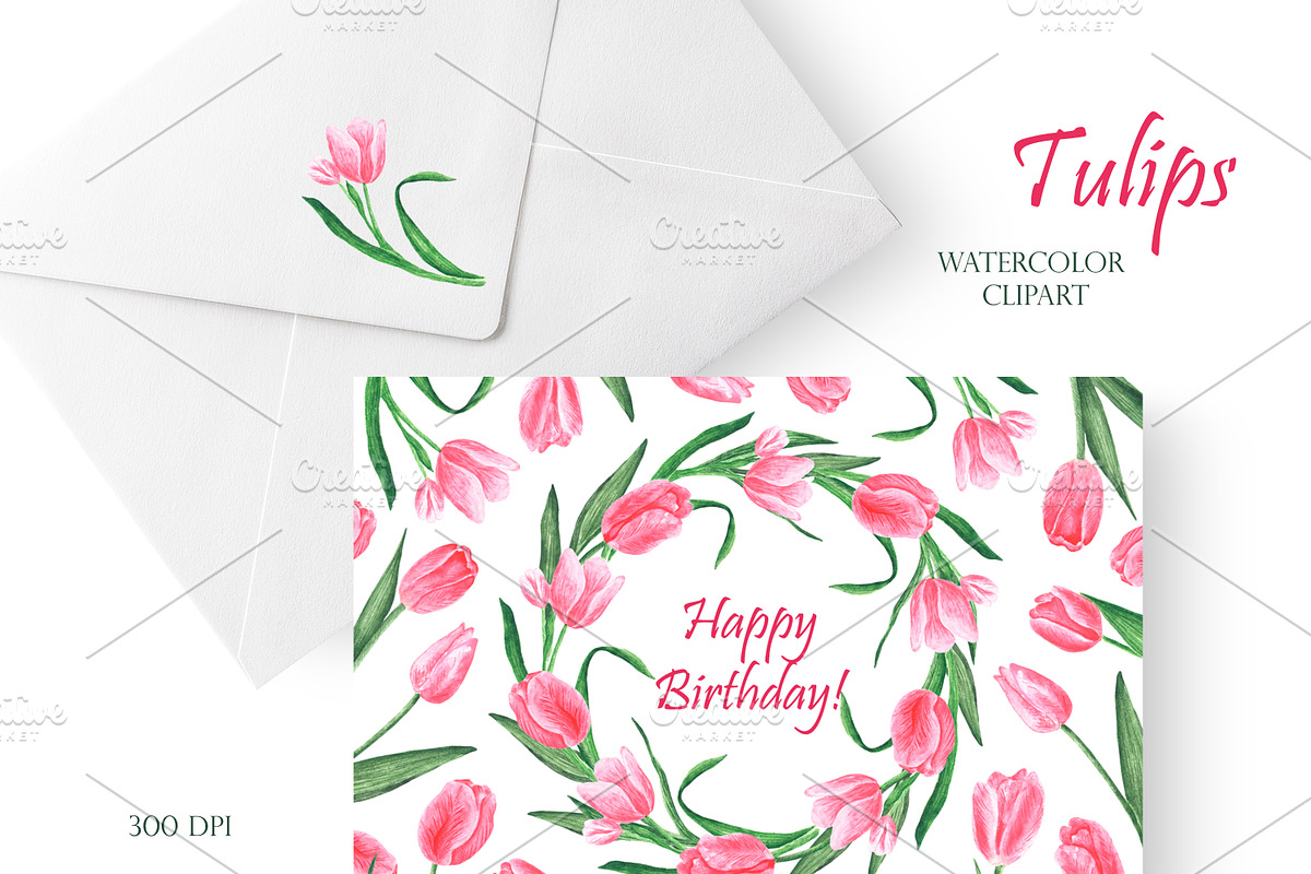 Pink tulips watercolor set. Flowers, an Illustration by SabinaWatercolorArt (Photo 12 of 14)