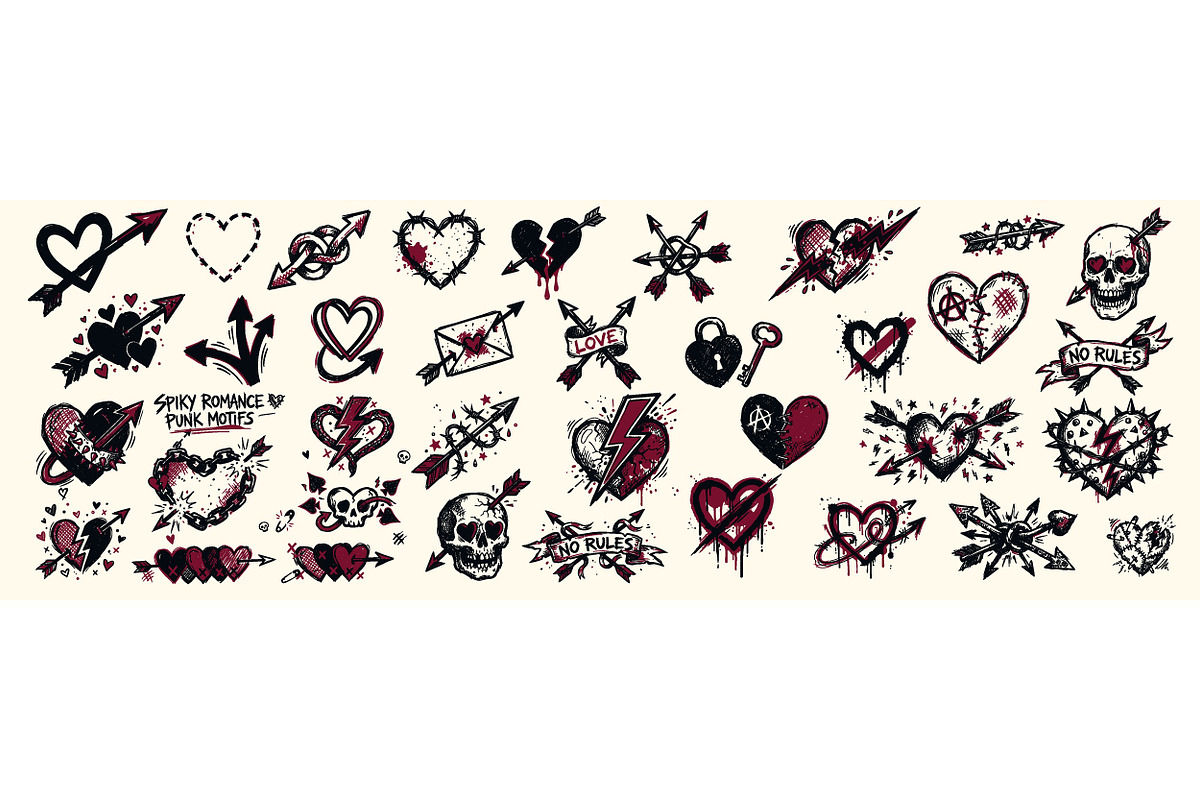 Punk Heart Tattoo Clipart Set, an Illustration by designvectx (Photo 2 of 3)
