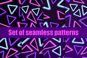 Neon triangles seamless patterns set