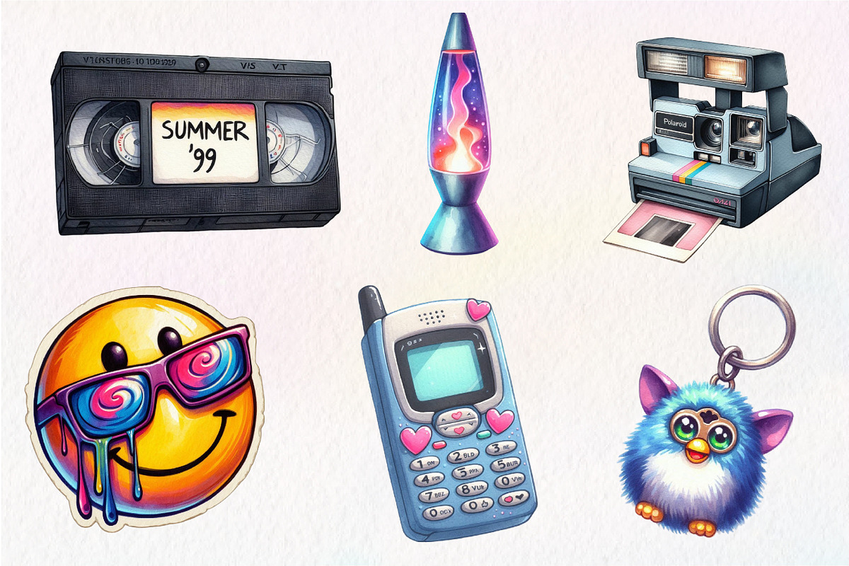 Watercolor Nostalgic 90s Clipart, an Illustration by CreationArt (Photo 2 of 4)
