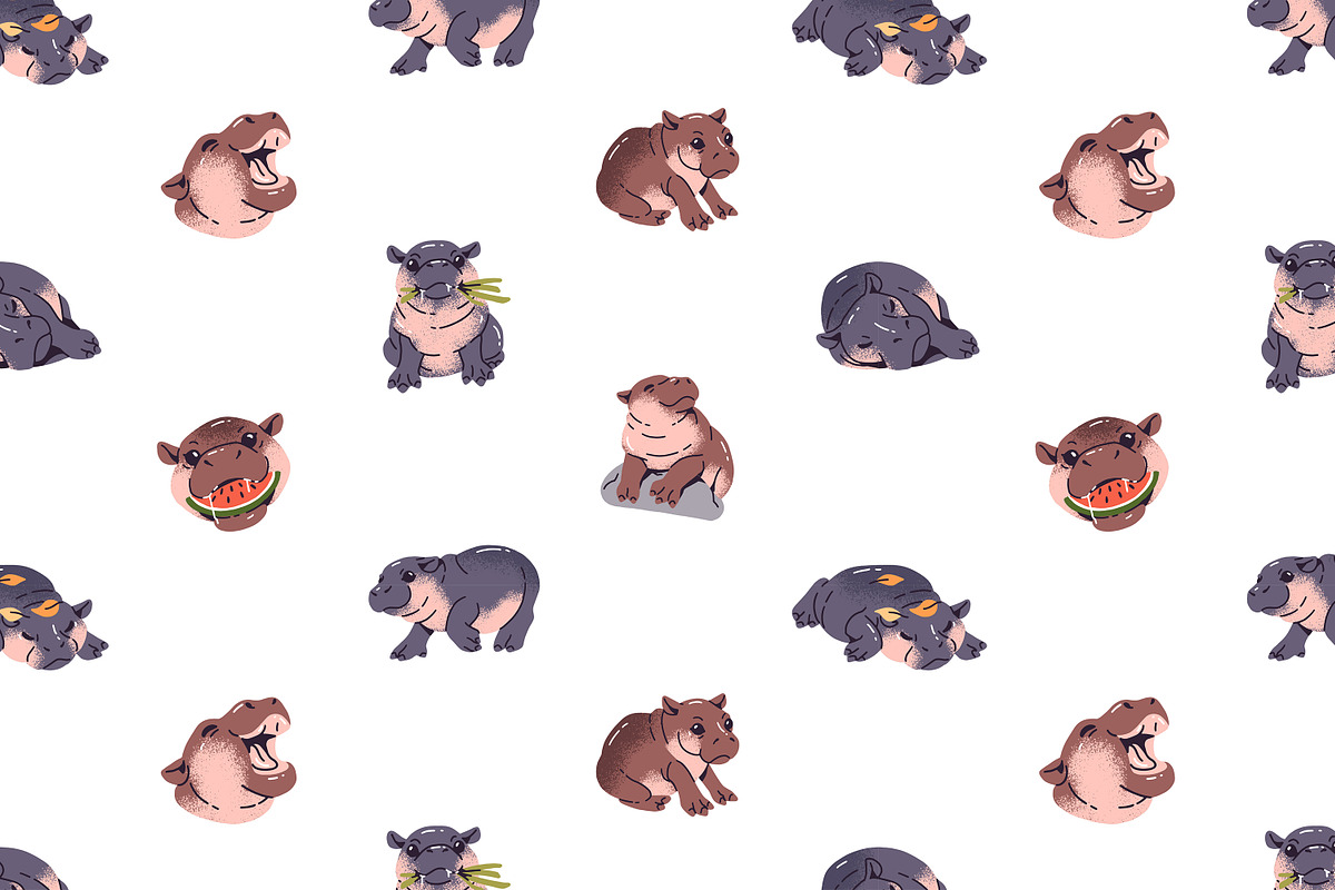 Cute hippos set + seamless patterns, an Animal Illustration by PaperTrident (Photo 13 of 14)