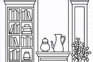 Cozy room interior doodle with bookshelf, fireplace, comfortable chair, and pot, an Illustration by Studio ANNA