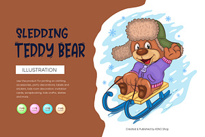 Cartoon Teddy Bear Sledding. T-Shirt, an Animal Illustration by KENO Mascots