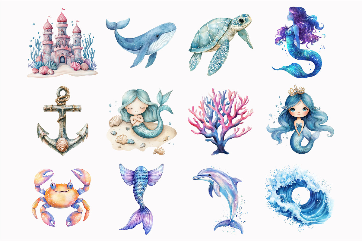Watercolor Magical Mermaid Clipart, an Illustration by Design Market (Photo 4 of 4)