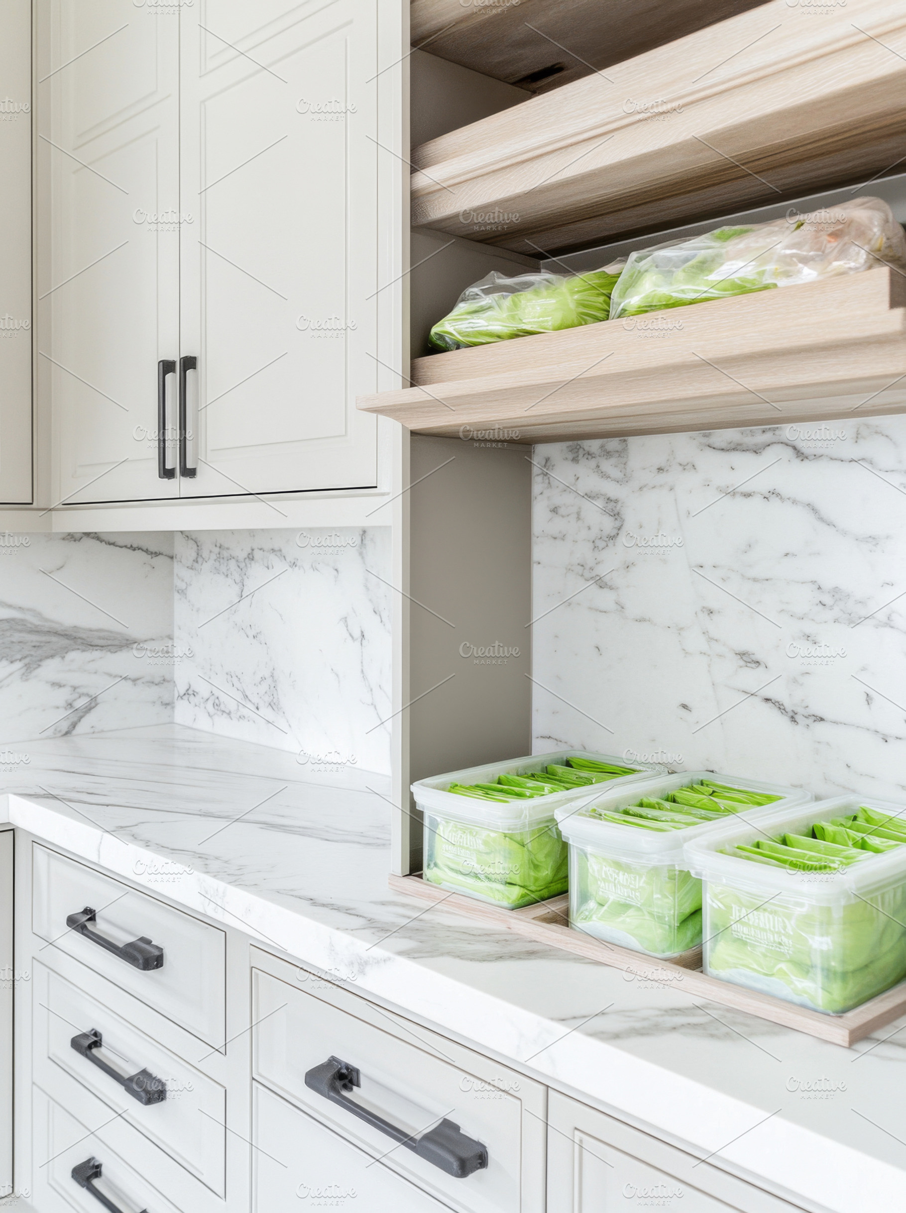Marble kitchen interior with white c, a Photo by Dvoevnore photos