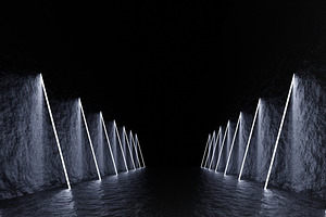 Dark corridor with white neon lights, black tunnel with glowing dim lights. 3D